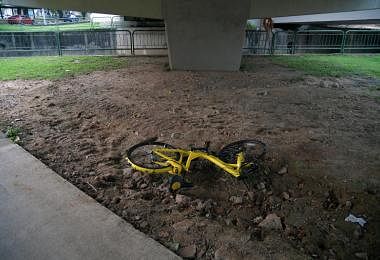 一辆黄色ofo脚踏车被丢置在高架桥下。