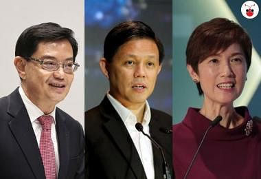 新加坡经济第二季仅增0.1%，十年来最糟，行动党政府出动三内阁部长信心喊话。左起：副总理兼财政部长王瑞杰、贸工部长陈振声、人力部长杨莉明。