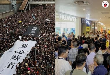 香港青年为反逃犯条例走上街头（左），新加坡Uncle Auntie为抢购54元华为手机大排长龙。