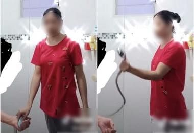 女佣将自己用花洒给光着身子的老雇主洗澡的全过程拍成TikTok视频放上网
