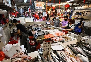 巴刹里卖的利利是是的鲜鱼，近日价格猛涨，鲳鱼一公斤100元，红斑鱼一公斤75元，人们看到心惊胆跳