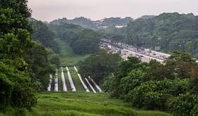 在武吉知马高速公路旁可见到衔接柔佛和新加坡的输水管