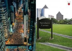 香港和新加坡“双城记”。港人走上街头大示威（左），新加坡人到芳林公园“演说者角落（右）”演说。