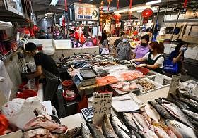 巴刹里卖的利利是是的鲜鱼，近日价格猛涨，鲳鱼一公斤100元，红斑鱼一公斤75元，人们看到心惊胆跳